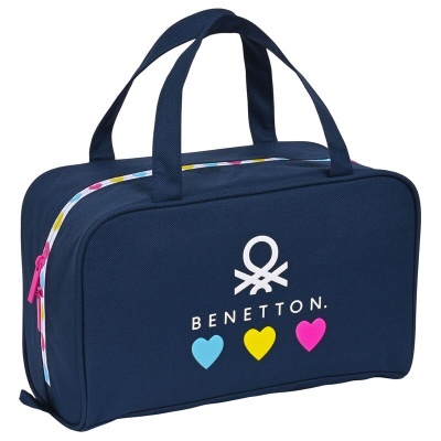 Mala azul escuro com logótipo Benetton e corações coloridos