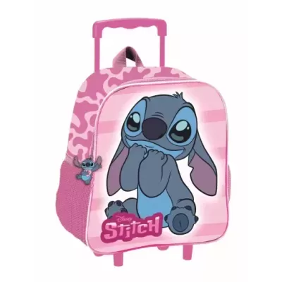 mochila escolar cor-de-rosa com imagem do personagem Stitch