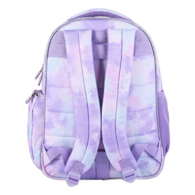 Mochila pequena lilás com padrão tie-dye e alças acolchoadas