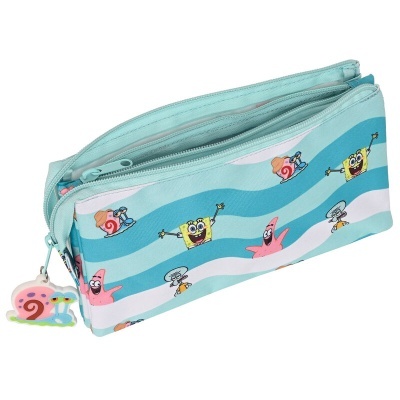 Estojo escolar azul com personagens animados coloridos e fecho de correr