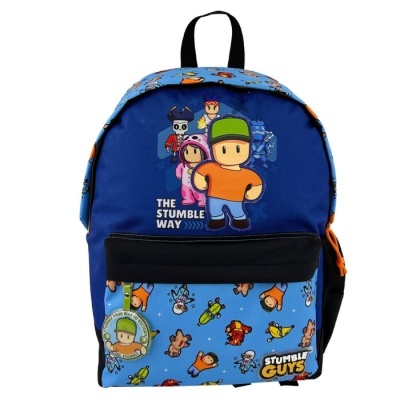 Mochila azul com personagens do jogo Stumble Guys e bolso preto