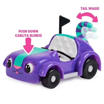 Carrinho de brinquedo roxo com olhos e cauda às riscas a abanar