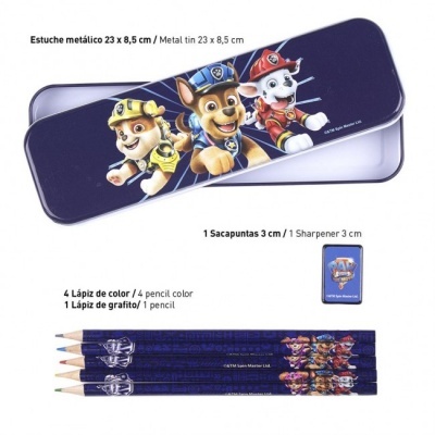 Estojo metálico azul escuro com personagens da Patrulha Pata e conteúdos escolares.