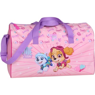 Mala de desporto cor-de-rosa com personagens caninas e alças lilás