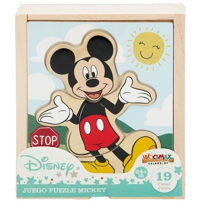 Puzzle de madeira Mickey Mouse com 19 peças em moldura natural e fundo azul