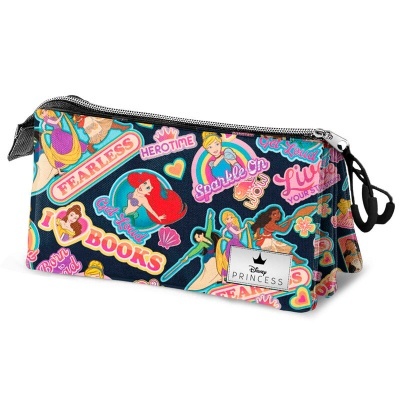 Estojo de tecido com ilustrações de princesas Disney e textos coloridos
