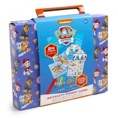 Mala azul de atividades PAW Patrol com personagens coloridos e canetas dentro