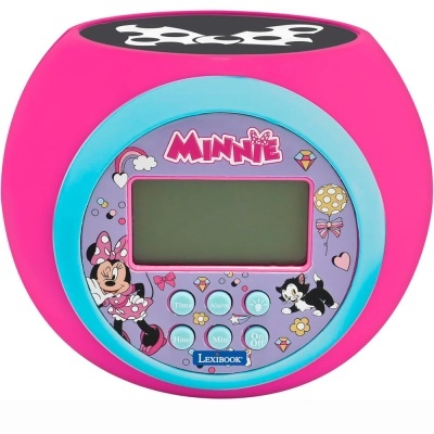 Relógio digital cor-de-rosa com personagem Minnie e gato, botões com etiquetas, visor vazio