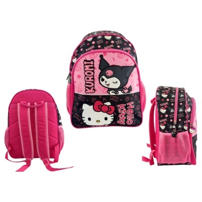 Mochila infantil rosa e preta com estampas de Hello Kitty e Kuromi