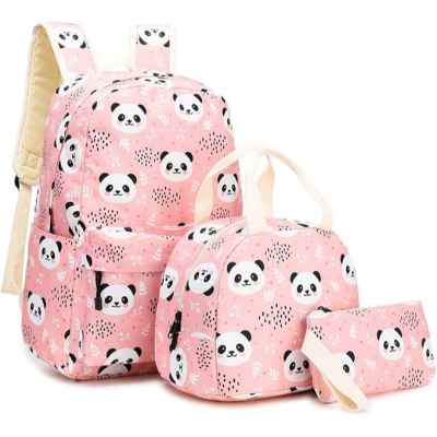 Conjunto rosa de mochila, saco de mão e estojo com padrão de pandas.