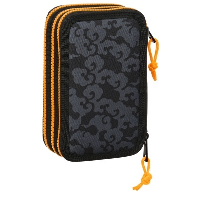 Estojo escolar triplo cinza e preto com zíperes laranja