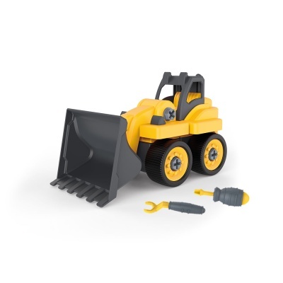 Brinquedo de escavadora amarela e cinza com ferramentas desmontáveis