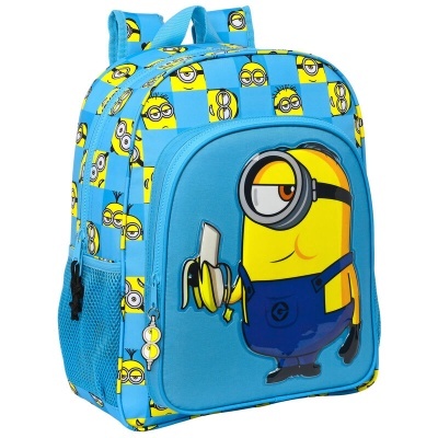Mochila infantil azul com padrão de minions e bolso frontal com minion segurando banana.