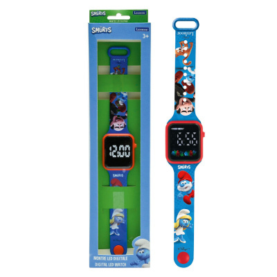 Relógio digital LED azul dos Smurfs com bracelete decorada e mostrador quadrado