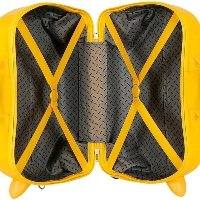 Mala de viagem rígida amarela aberta mostrando interior preto com padrão e cintas elásticas