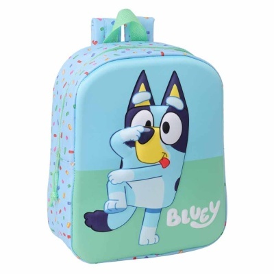 Mochila infantil azul com personagem Bluey e padrão de confetes coloridos