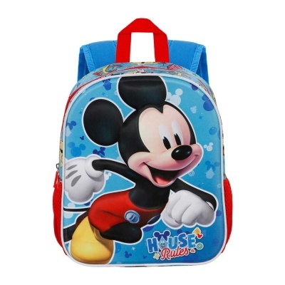 Mochila infantil azul com estampa do Mickey Mouse e texto 'HOUSE Rules'