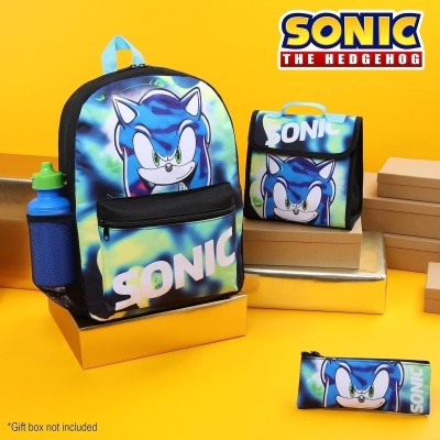 Conjunto de mochila, lancheira e bolsa para lápis com estampa Sonic the Hedgehog em azul e verde