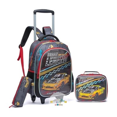 conjunto escolar com mochila de carrinho, lancheira e estojo com design de carro amarelo