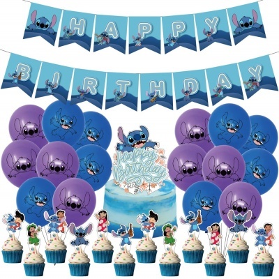 Decoração de aniversário com tema Stitch em balões, bandeirola e cupcakes