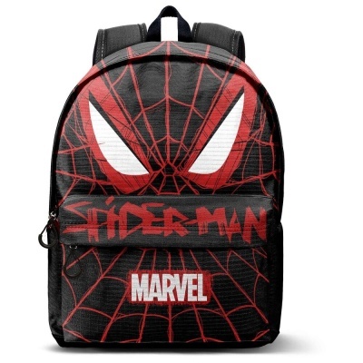 Mochila preta com design de teia de aranha vermelha, olhos brancos grandes e textos SPIDERMAN e MARVEL.