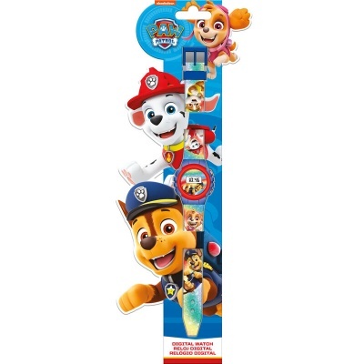 Relógio digital infantil azul com personagens do desenho PAW Patrol e embalagem colorida