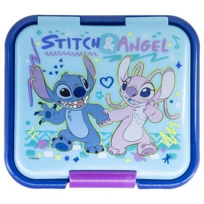 Lancheira azul com personagens Stitch e Angel estampados