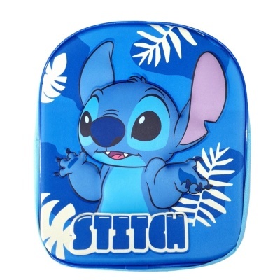 Mochila infantil azul com personagem Stitch e folhas brancas