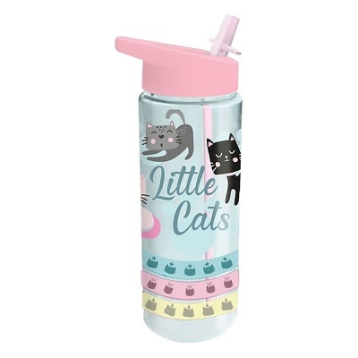 Garrafa de água transparente com tampa rosa e estampado de gatos e texto Little Cats