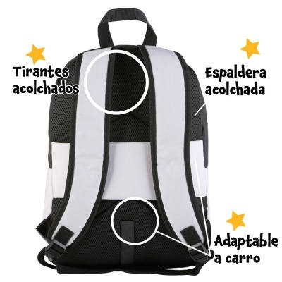 Mochila preta e branca com tirantes acolchoados e espaldar acolchoado, adaptável a carro