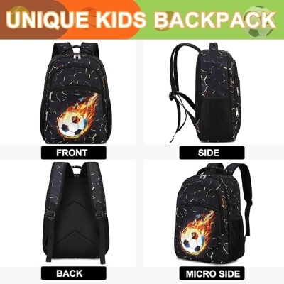 Mochila infantil preta com bola de futebol flamejante e padrões coloridos