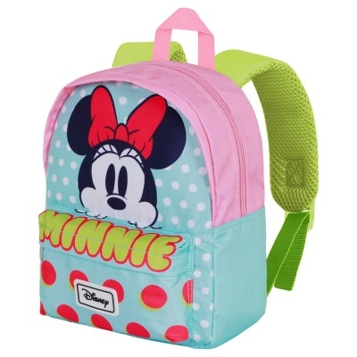 Mochila infantil colorida com estampa da Minnie e texto MINNIE.