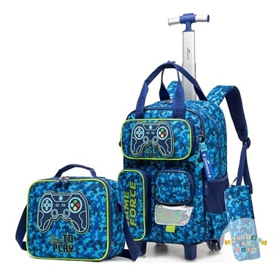 Mochila trolley azul com padrão pixelado e saco térmico com desenho de comando de videojogo