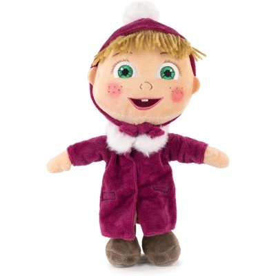 Boneca de peluche vestida com casaco e chapéu roxo e detalhes brancos