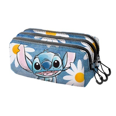 Estojo escolar azul com padrão de flores e personagem Stitch