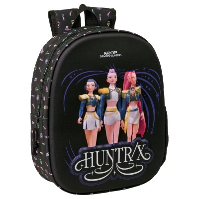 Mochila preta com estampa colorida e figuras femininas animadas