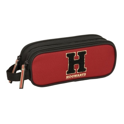 Estojo escolar vermelho e preto com H preta em relevo e texto HOGWARTS