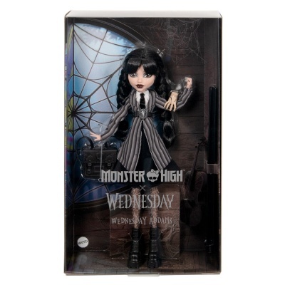 Boneca Wednesday Addams vestida com casaco risca de giz cinzento em embalagem Monster High