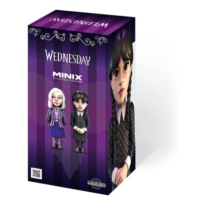 Embalagem de figuras colecionáveis Minix com tema Wednesday, com design em roxo e imagens das figuras na frente.