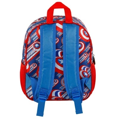 Mochila infantil com padrão vermelho, azul e branco e alças azuis