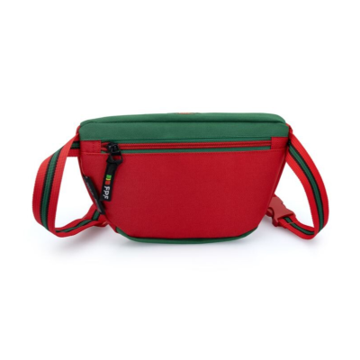 Bolsa de cintura vermelha e verde com fecho e alça ajustável.