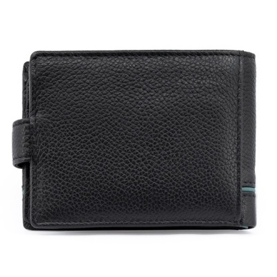 Carteira preta em couro com textura granulada e fecho lateral