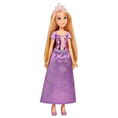Boneca princesa com vestido roxo brilhante e coroa rosa