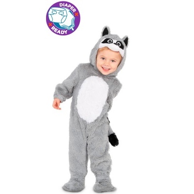 Disfarce infantil de guaxinim cinzento com capuz e barriga branca, ícone DIAPER READY