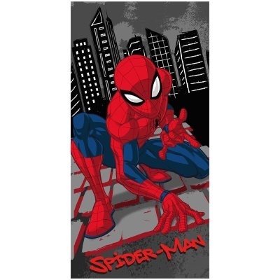 Toalha com estampa do Spider-Man em posição agachada com edifícios ao fundo