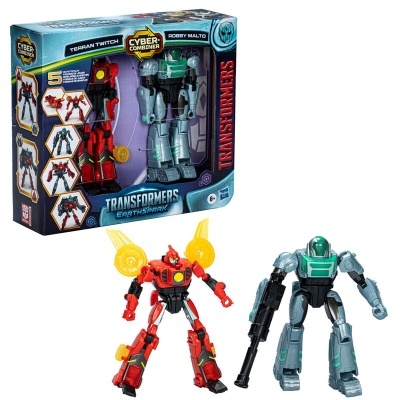 Conjunto de duas figuras de ação Transformers Earthspark com a caixa original.