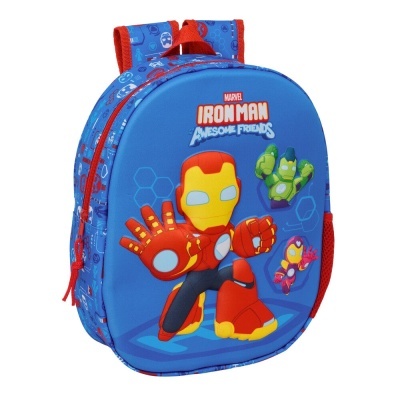 Mochila azul com personagens de Homem de Ferro cartoon e texto Marvel Iron Man Awesome Friends