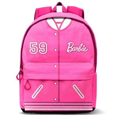 Mochila rosa estilo casaco universitário com números 59 e texto Barbie