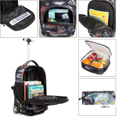 mochila de rodinhas preta com padrão cinza e vermelho e vários compartimentos abertos