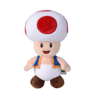 Pelucia do personagem Toad com coroa branca e vermelha, colete azul e calças brancas
